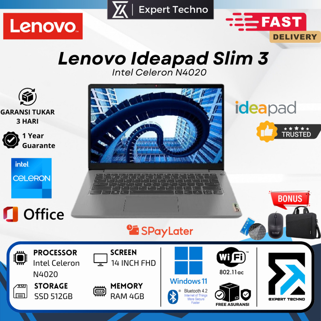 Lenovo Ideapad Slim 3 Intel Celeron N4020 / Ram 4GB / SSD 512GB / 14 Inch / Windows