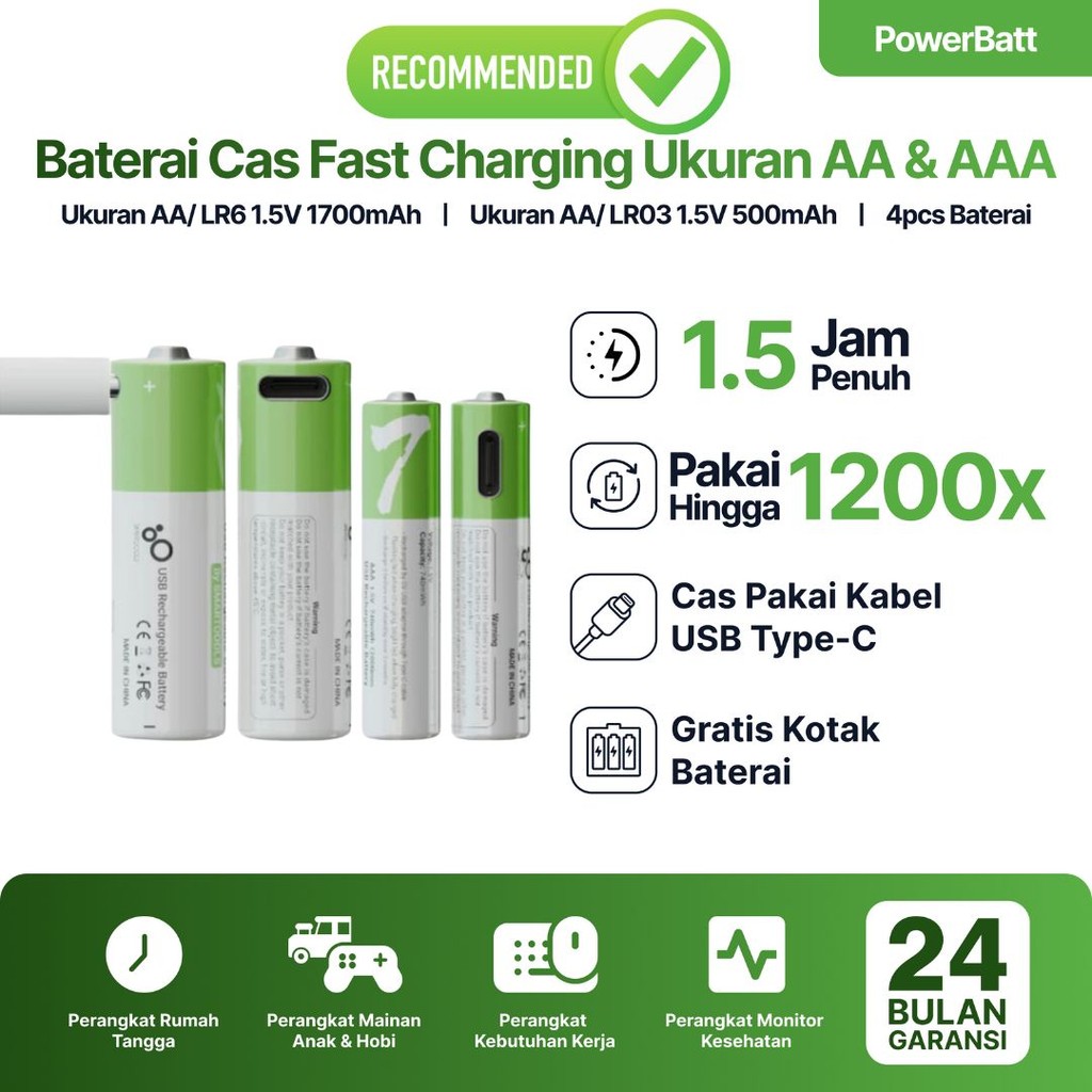 Battery Recharge Baterai AA & AAA Rechargeable Type-C USB Smartoools 2pcs Lithium