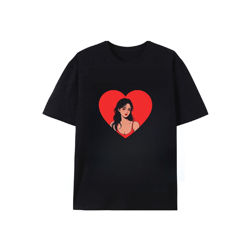 Kaos Pria Logo Hati Cantik - Gambar Wanita Elegan di Hati Merah, Latar Belakang Hitam, Cocok untuk y