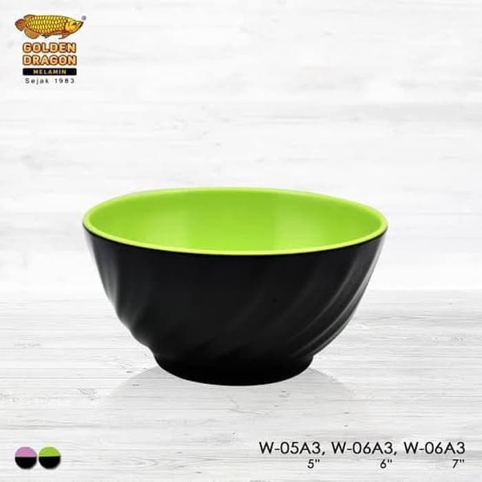 W05A3 Mangkok Melamin Ulir Miring 5 inc Hitam HIjau Golden Dragon