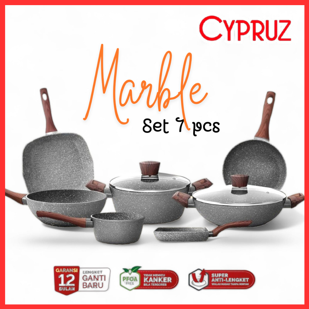 Cypruz Marble Cookware Set 7 PCS Panci Wajan Teflon Anti Lengket TERLARIS