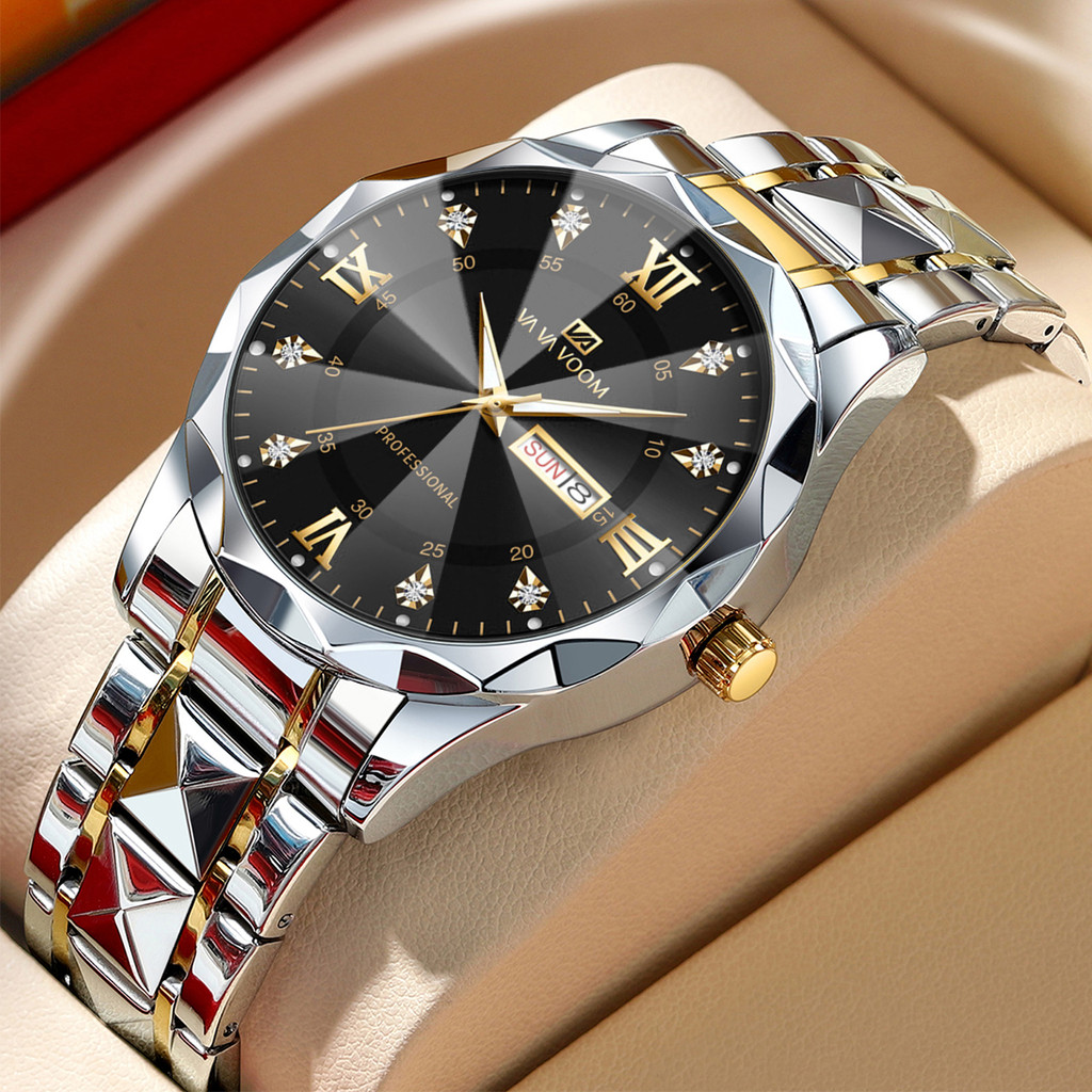 Men Watch Water Diamond Luxury Night Glow Double Calendar Quartz Movement 41mm Blue Gold Stainless S