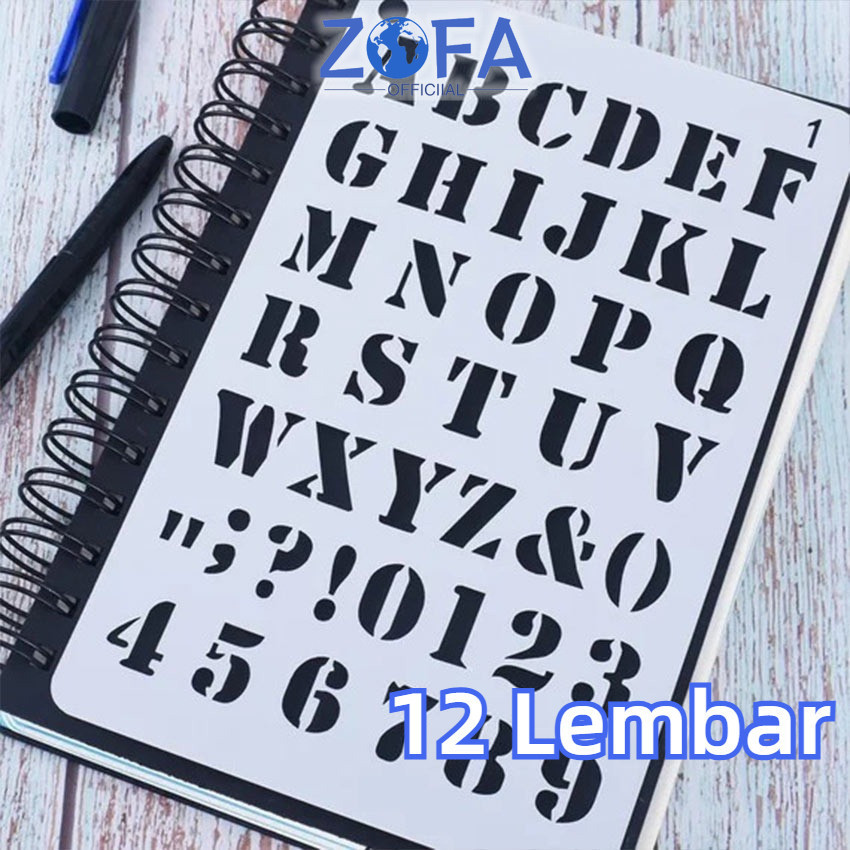 

12 Lembar Penggaris Cetakan Huruf Angka Penggaris Sablon Stensil Huruf Alfabet Lettering Stencil Set
