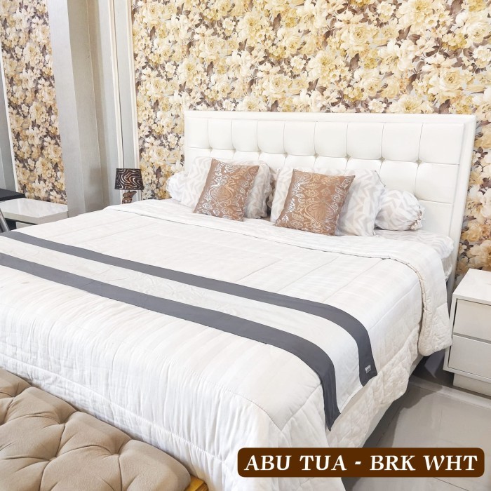 Bed Runner Hotel Polos Two Tone Bahan Katun l Taplak Tempat Tidur - ABU TUA-BRK WHT, 35X150