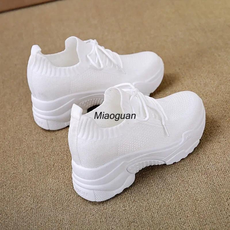 Hidden Heels White Women Spring Breathable Mesh Casual Platform Sneakers Surface Shoes 2023 New Thic