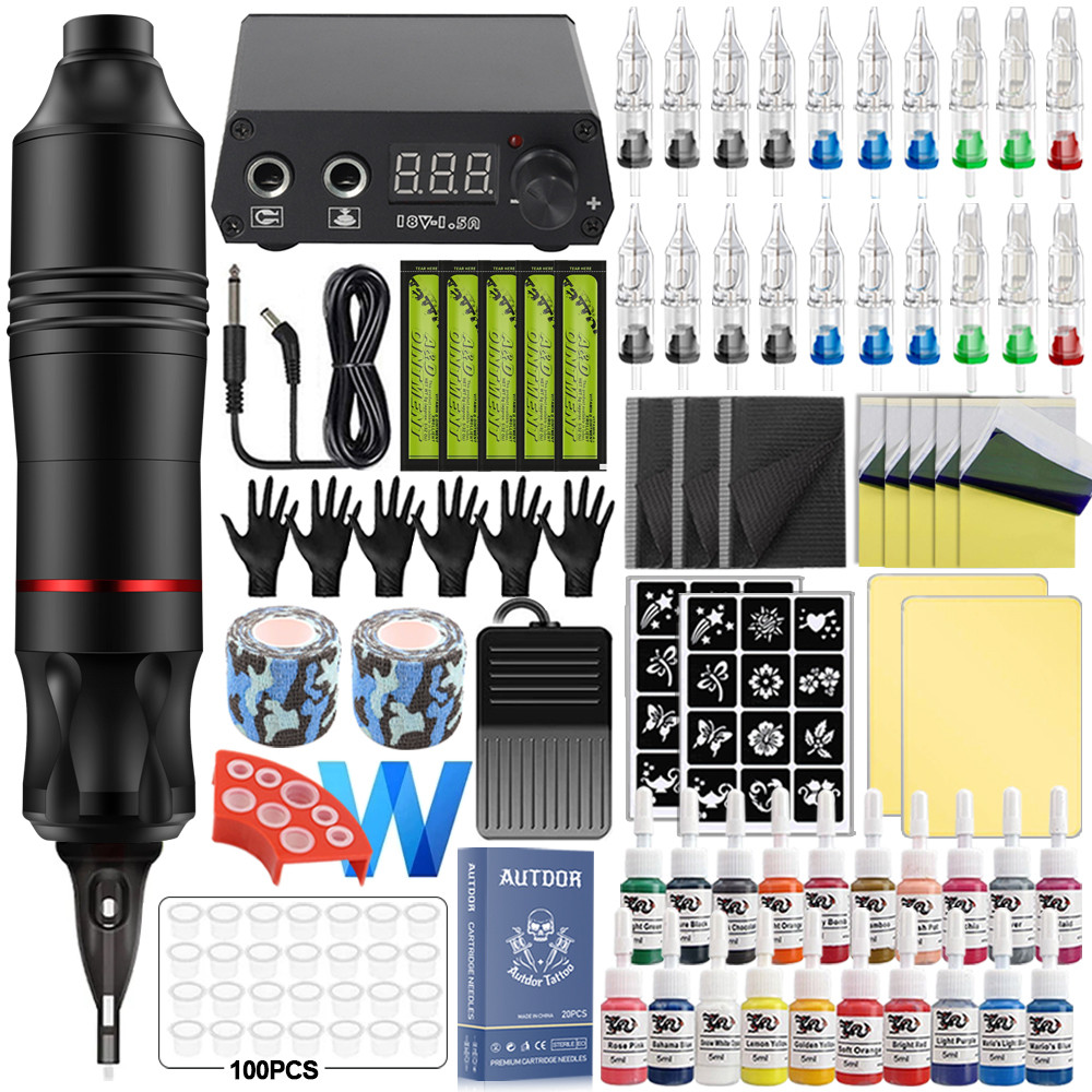 Professional Tattoo Machine Kit Rotary Pen Set with Tattoo Power Supply Cartridge Needles Tattoo Ink