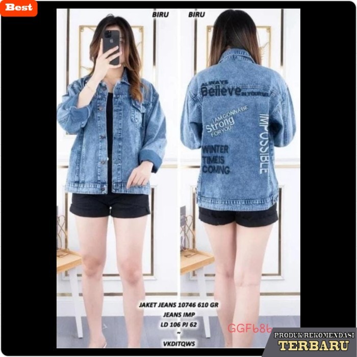 jaket jeans wanita GGF686 Jaket Wanita Jeans Denim Jumbo Biru Kancing LD106 Bordir