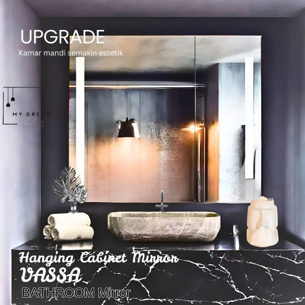 Cermin LED Gantung Aesthetic Bathroom Mirror | Rak Cermin Estetik Minimalis Mewah | Tolet Kamar Mand