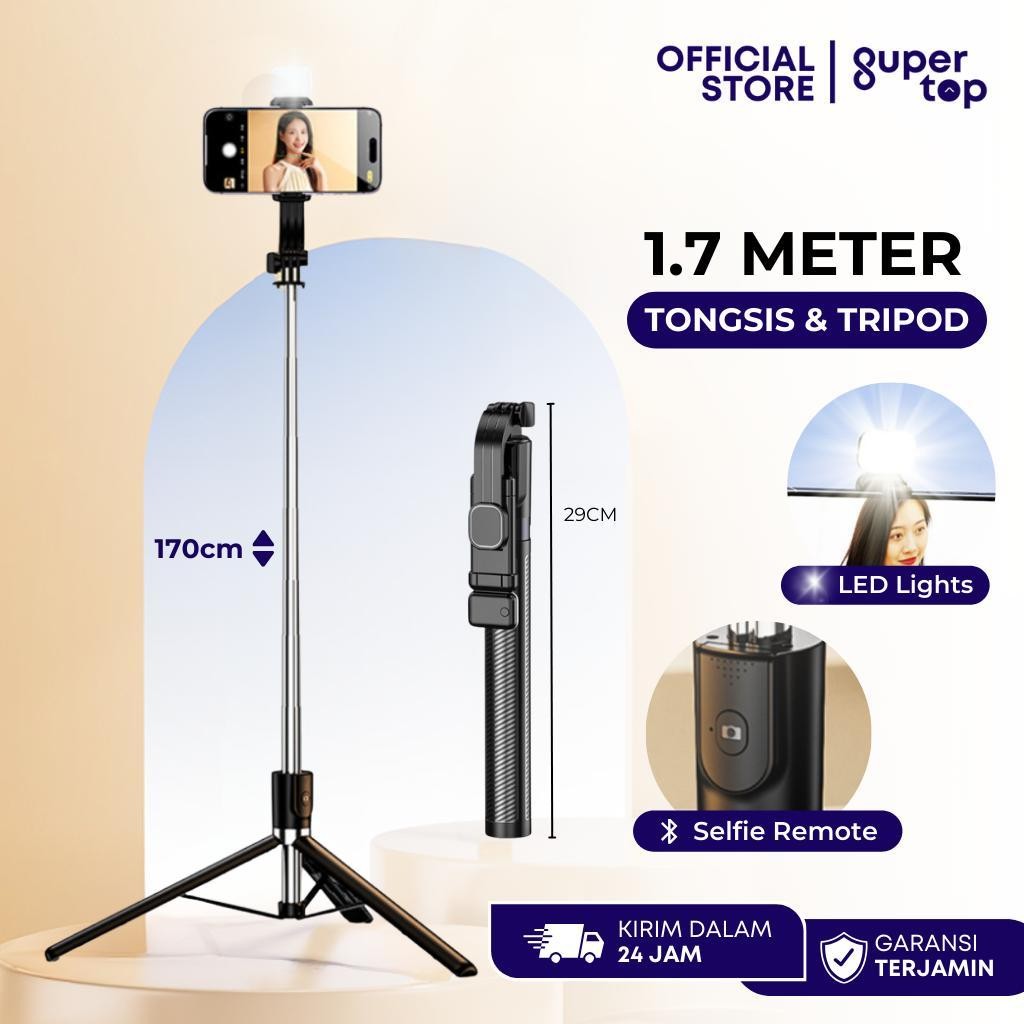 Tongsis Tripod 1,7 Meter Bluetooth + LED Lights 360 Aluminium Steel Stick Selfie Vlog Live Stand Pho