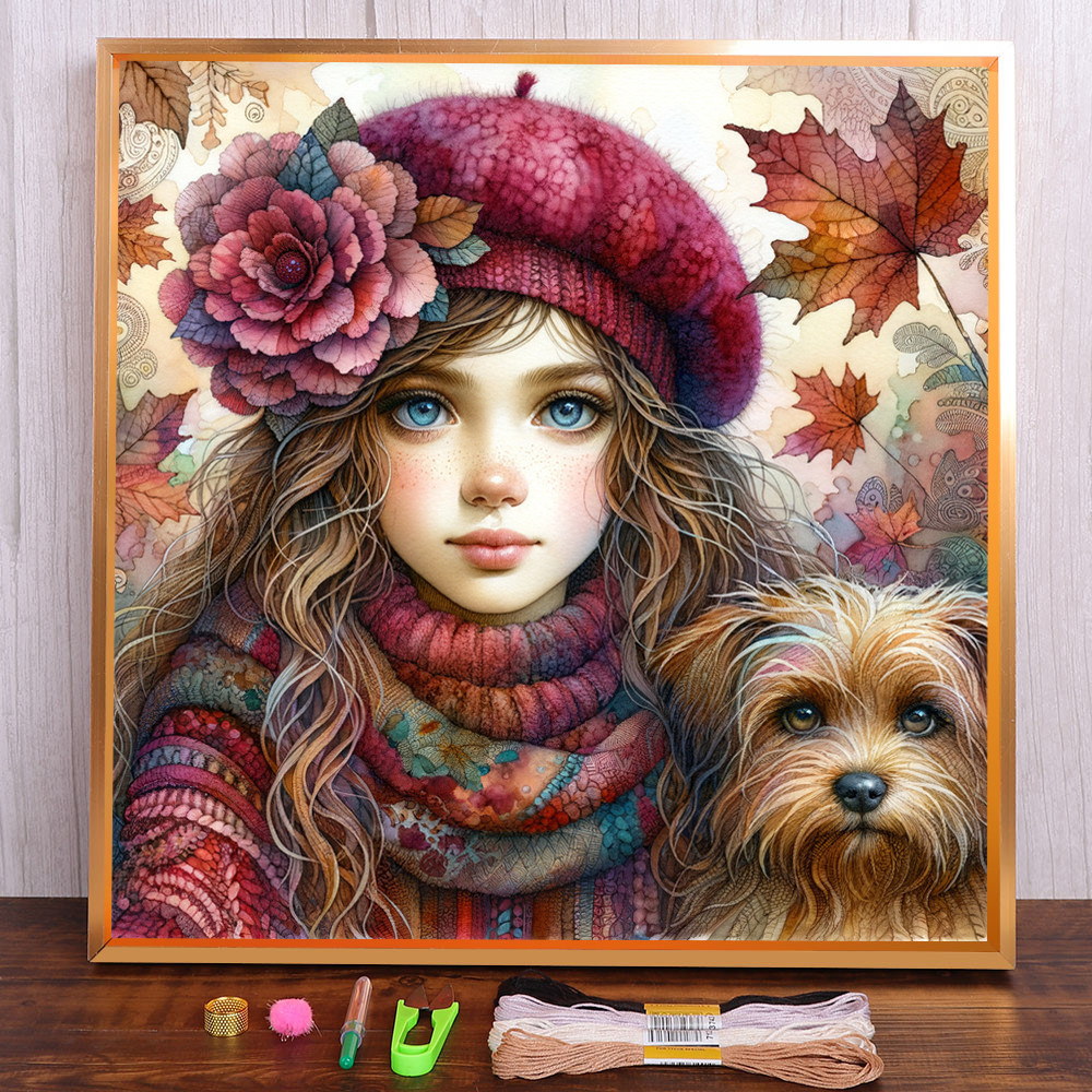 

Portrait Girl Dog Printed Canvas 11CT Cross Stitch Embroidery Kit Knitting Needlework Handicraft Painting Jewelry Design Needle