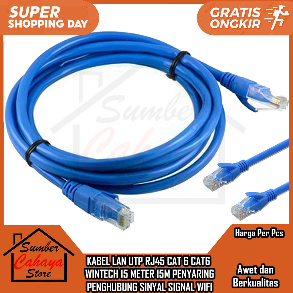 Kabel Lan Utp Rj45 Cat 6 Cat6 Wintech 15 Meter 15m Penyaring Penghubung Sinyal Signal Wifi Indihome 