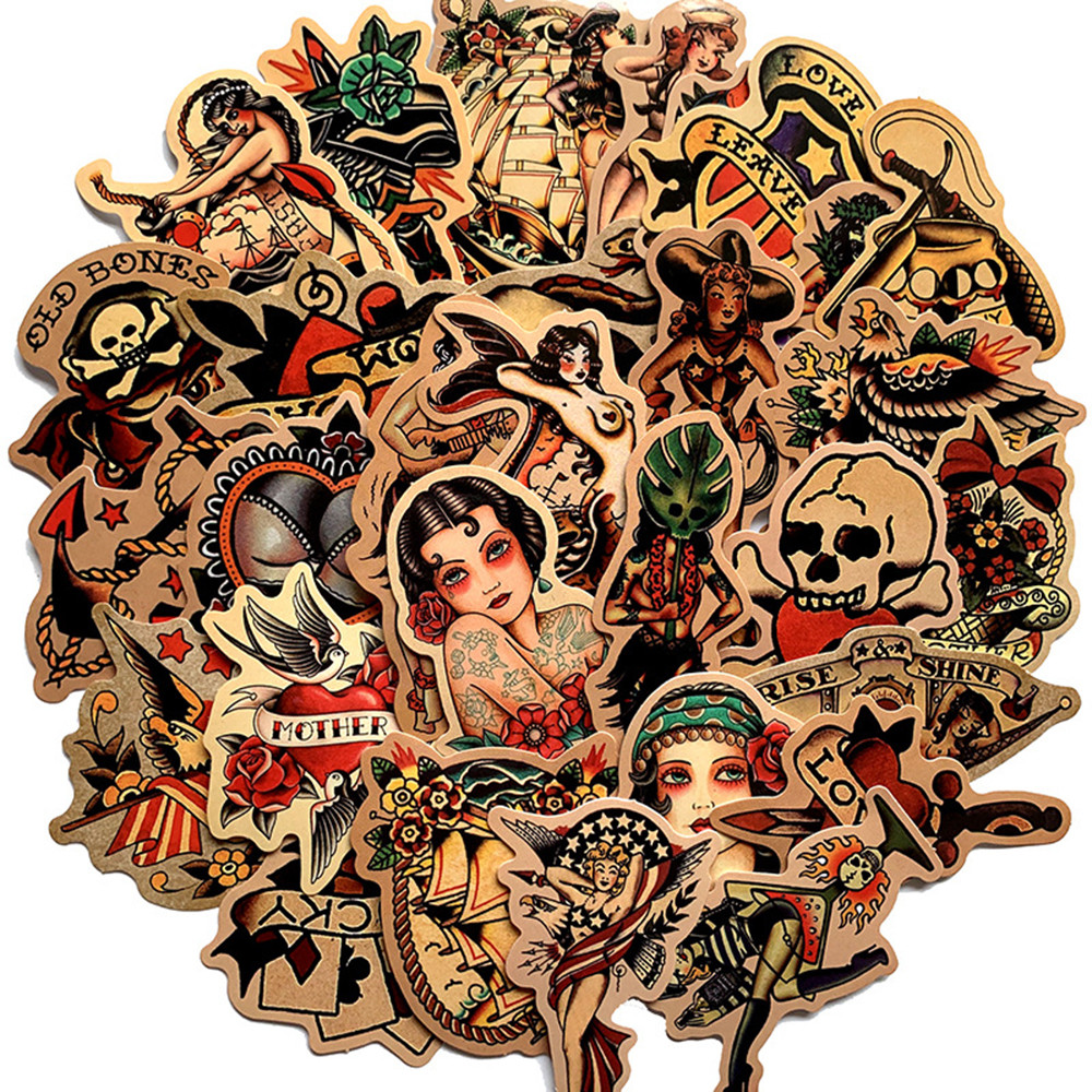 

10/30/50pcs Retro Old School Tattoo Style Stickers DIY Skateboard Car Phone Notebook Laptop Luggage Waterproof Kids Sticker Toy