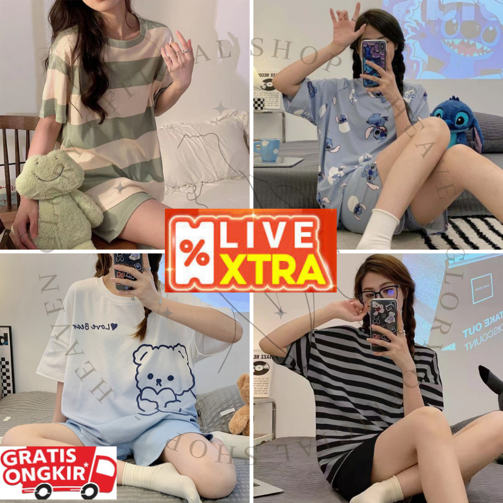 Glory XXL Baju Tidur Wanita Lengan Pendek Celana Pendek | Baju Tidur Jumbo Set | Piyama Import Set