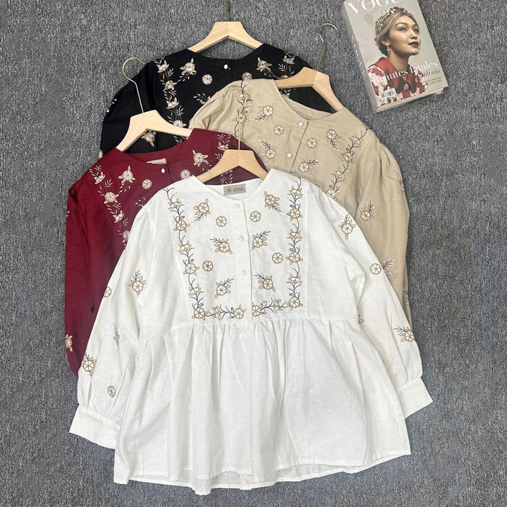 BLOUSE WANITA / ALODIA BLOUSE BORDIR / BLOUSE LINEN KOREA / BLOUSE BORDIR WANITA
