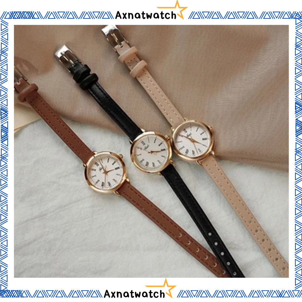 AXNAT Jam Tangan Quartz Strap PU Analog Casual Gaya Retro Wanita Bulat Watch Korean Fashion RM027