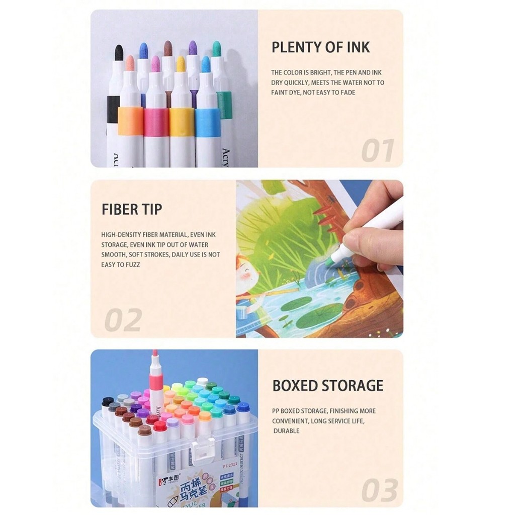 

D3W! [DOTDING] Spidol Akrilik 12-60 Warna Tahan Air - Pigmen Non Toxic & Ujung Bulat Ergonomic untuk