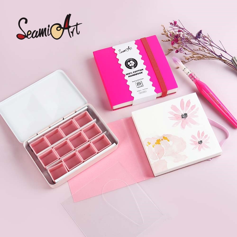 

SeamiArt 8x8cm Mini Cotton Sealing Glue Watercolor Travel Notebook with 1pc Short Handle Travel Brush Pen for Art Supplies