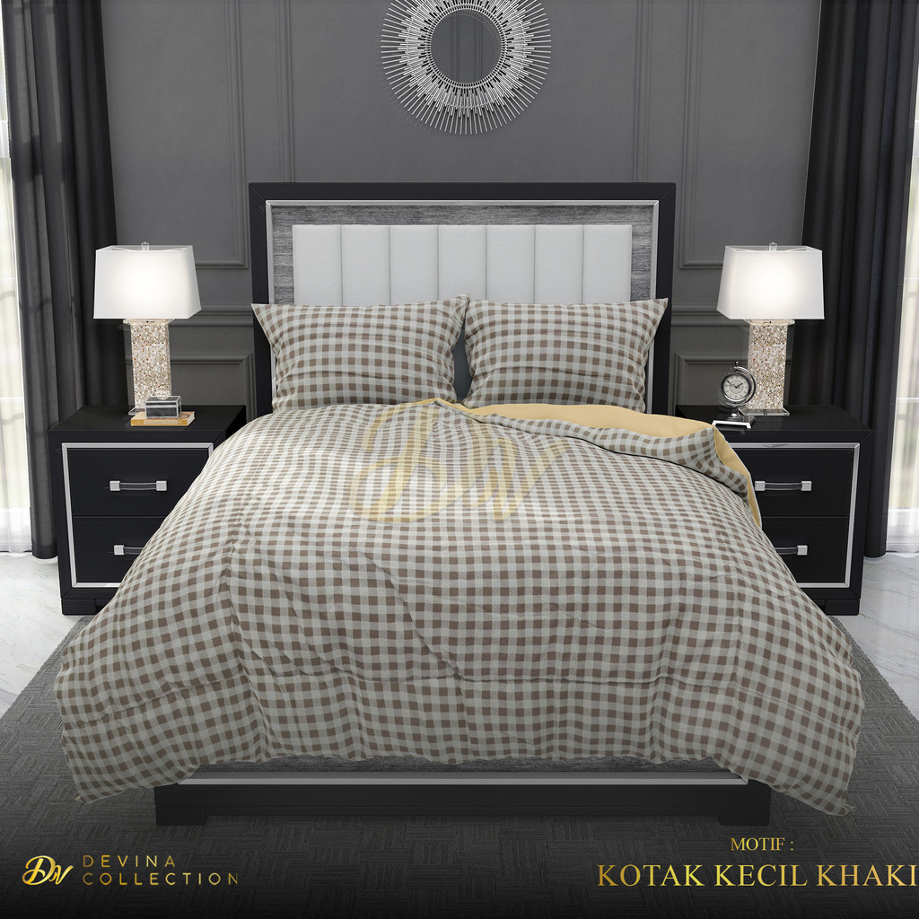 Devina Collection Bedcover Sprei Set Aesthetic Korea Karet Anti Geser Kotak Khaki Kecil King 180x200