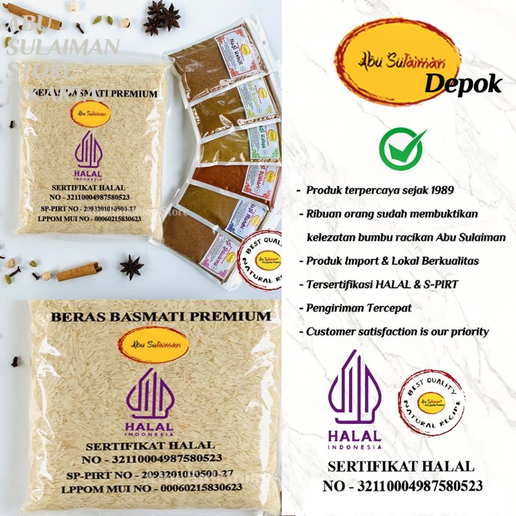 

PAKET SUPER BERAS BASMATI 1 KG / BERAS BASMATI TIMUR TENGAH / BERAS Kebuli Briyani Kabsah Mandhi Shawarma Instan | Beras Basmati I Abu Sulaiman Store Depok