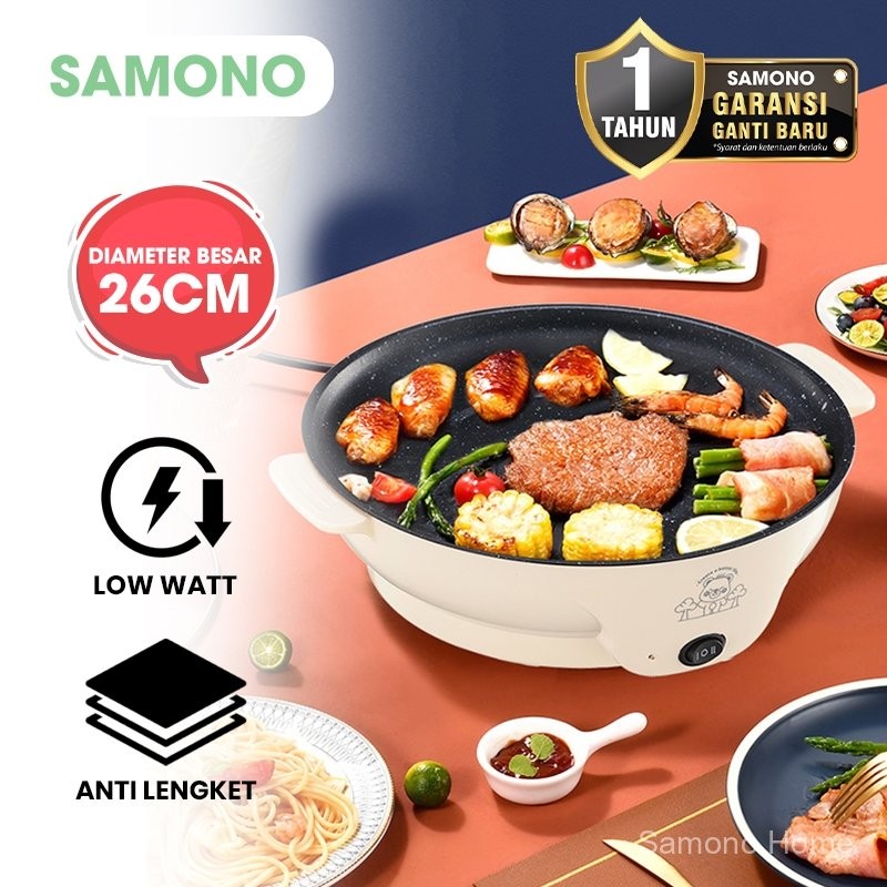 SAMONO Grill Pan BBQ Listrik 26cm Serbaguna Anti Lengket Low Watt Garansi 1 Tahun EBP26