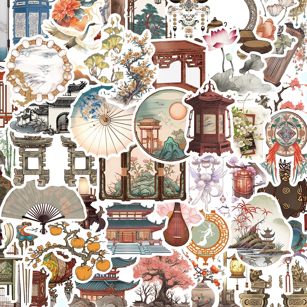 

10/30/50pcs Retro Chinese Style Building Stickers for Suitcase Window Phone Notebook Wall Waterproof Decorative Sticker Decal