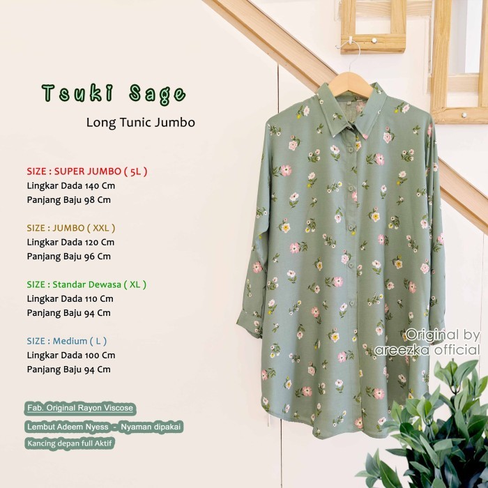 Tsuki Sage Kemeja Tunik Areezka Motif Rayon Viscose  Jumbo Adem Nyaman LD 120 140 - 5L - LD 133