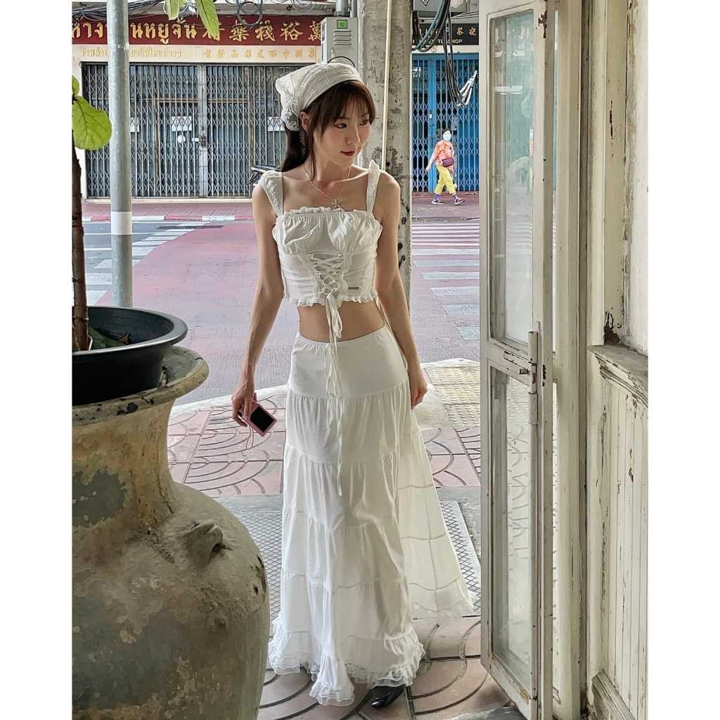 - VENICE SET WHITE CROP TANK WANITA + ROK MAXI / KOREAN SUMMER SET BALI / BAJU PANTAI WANITA /