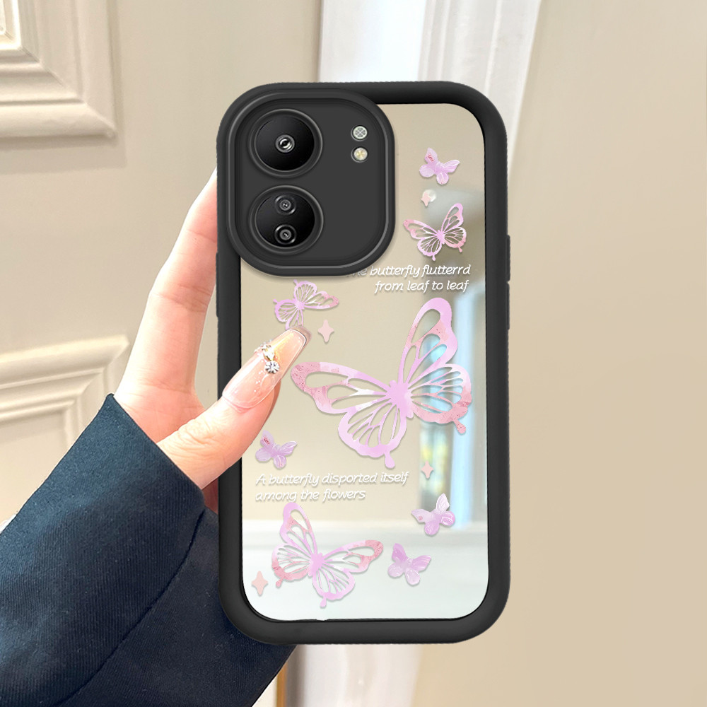 Casing Hp Untuk Redmi 13C Soft Phone Case Cesing Soft Cover Pink Butterfly 8027 Mode Mirror Kesing J