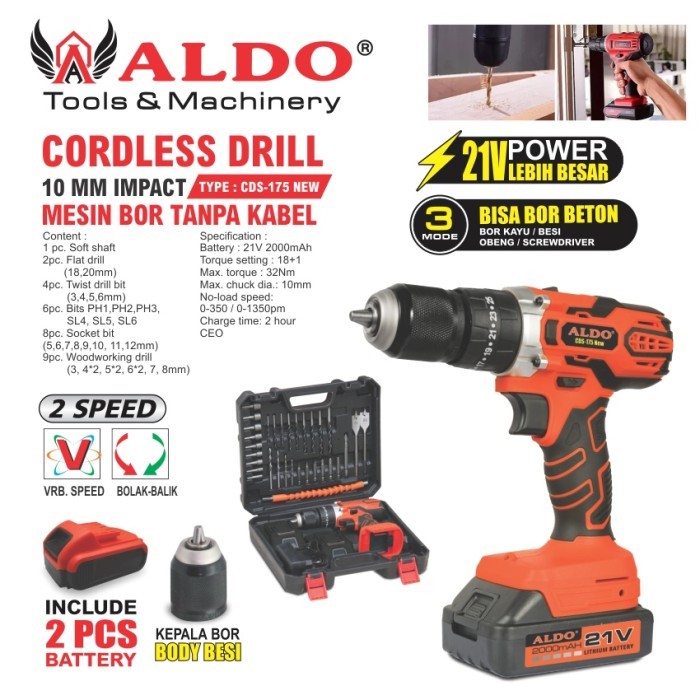 MESIN BOR BATERAI CASH SET CORDLESS DRILL 10 MM IMPACT TYPE : CDS-175 NEW ALDO