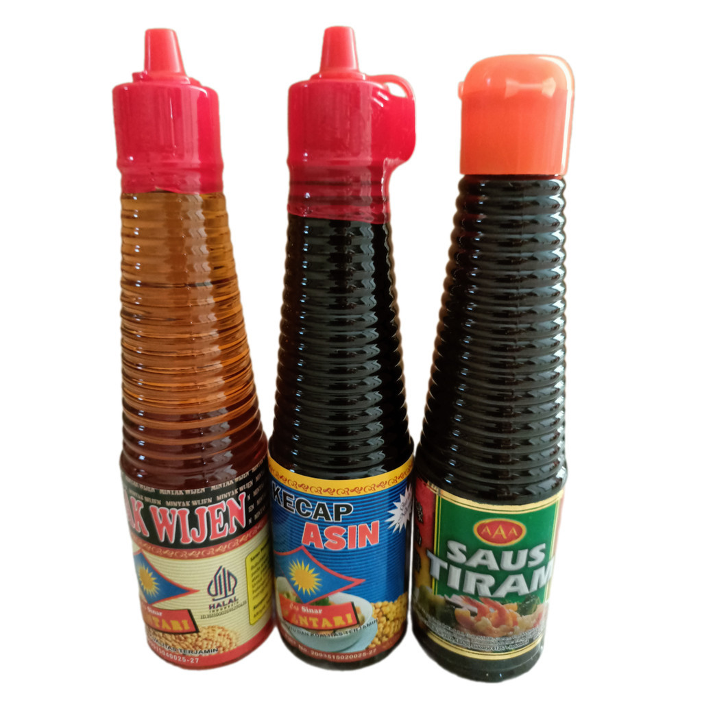 

Paket 3 Botol - Minyak Wijen Cap Sinar Mentari 150 ml, Kecap Asin Cap Sinar Mentari 150 ml, Saus / Saos Tiram AAA 140 ml