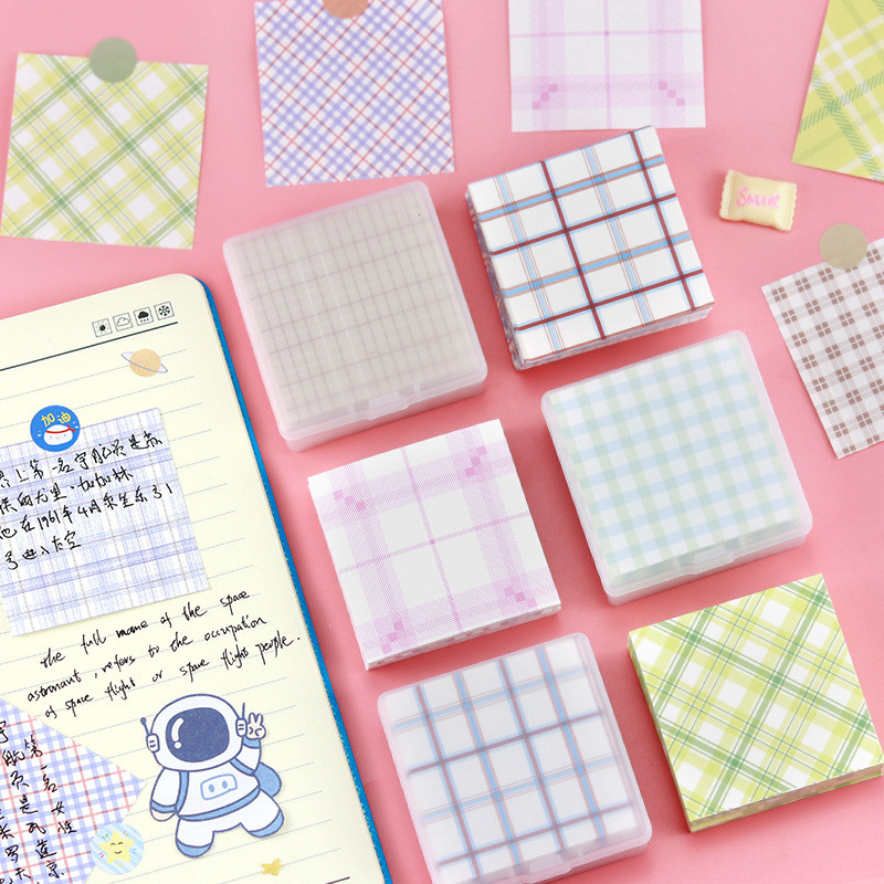 

ins style plaid cute sticky note plastic boxed non-adhesive hand account paper Kids message stickers student sticky notes gifts