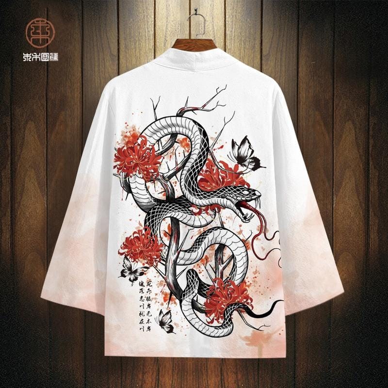 Jubah Cheongsam Pria Hanfu Kimono Merah Imlek Ular Tahun baru Jubah Kardigan Trendi Retro