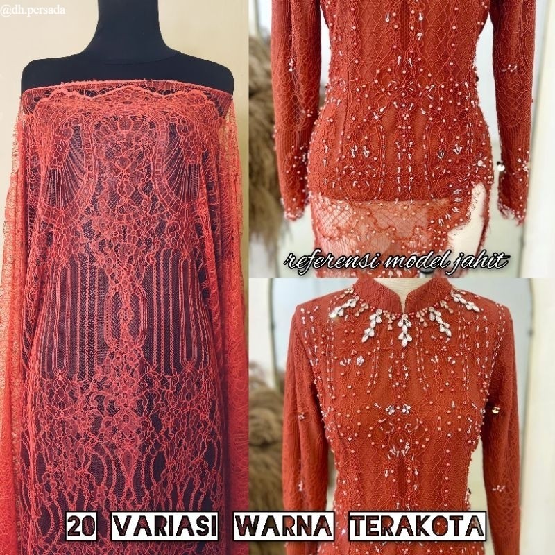 KAIN BROKAT PANEL CHANTILY WARNA TERAKOTA ORANGE BATA