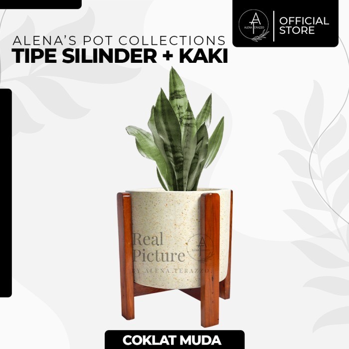 POT TERASO PUTIH TIPE SILINDER STANDING KAYU CANTIK DAN ELEGANT