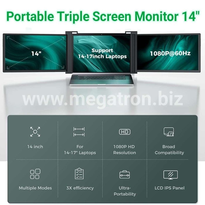 Portable Triple Screen Monitor 14 inch (cocok utk laptop 14" - 17")