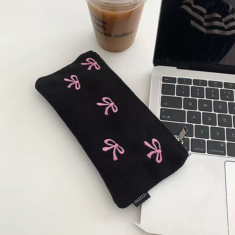 

Style Simple Black Bow Pencil Case Large Capacity Pencil Storage Bag Cosmetic Bag Stationery Organizer School Supplies