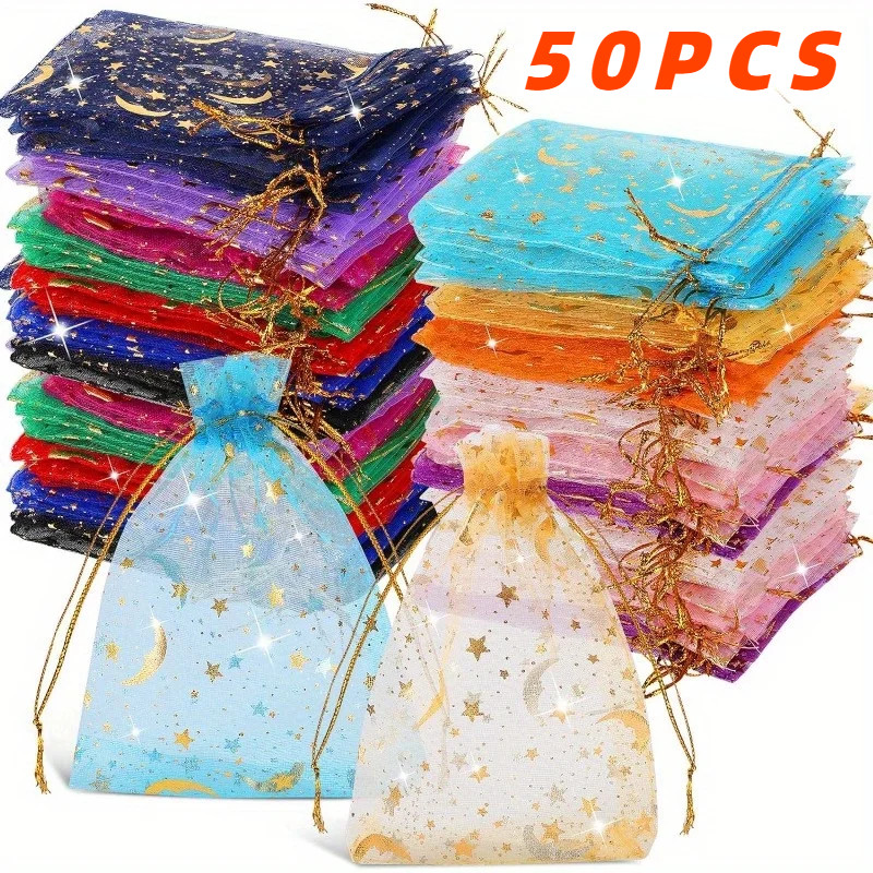 

50PCS Moon Stars Drawstring Organza Bags Jewelry Gift Bags Pouches Gold Star Organza Favor Pouches for Wedding