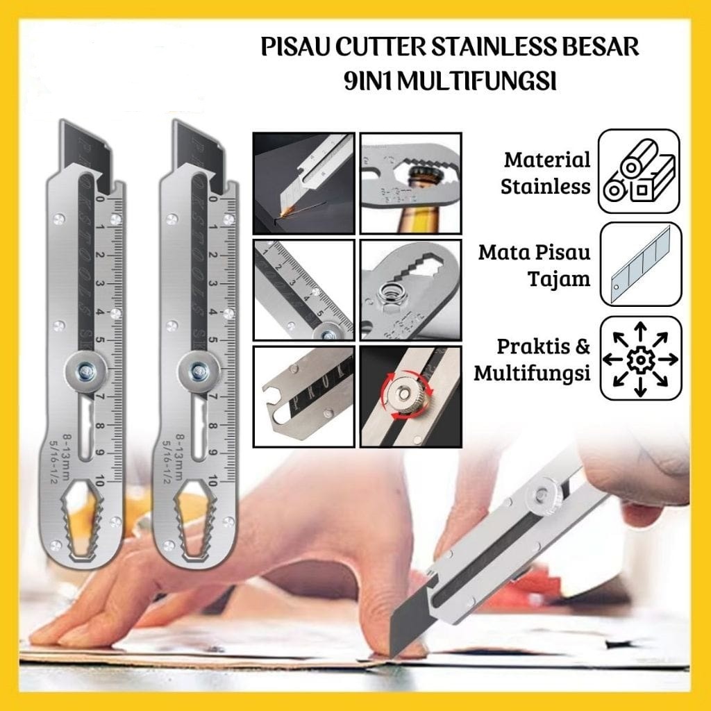 

Pisau Cutter Stainless Besar 9IN1 / Sliding Knife Cutting Tool / Alat Pemotong Kertas Pengencang Mur Pembuka Tutup Botol Multifungsi / Kater Pembuka Paket Super Tajam Tahan Karat Ezzy