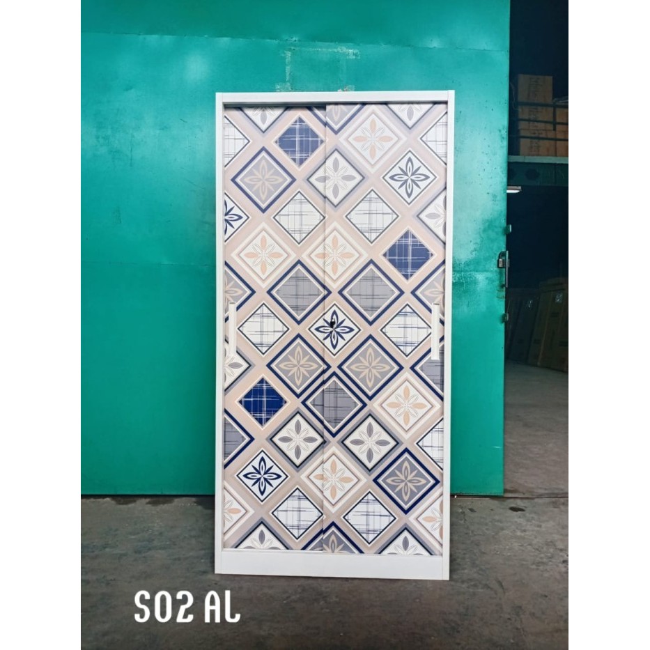 Lemari Pakaian Besi 2 Pintu Sliding Cermin | Lemari Baju Sleding Besi - MOTIF-I, TANPA RAKIT
