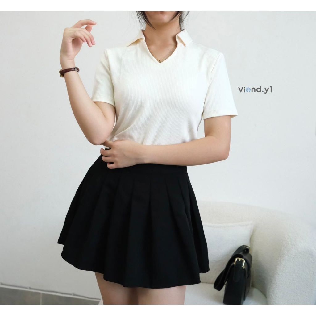 CADELAX_SHOP Tshirt Wanita Crop Top Strech / Kaos Cewek Polos Polo / ATasan Baju Knit Kerah V Korea 