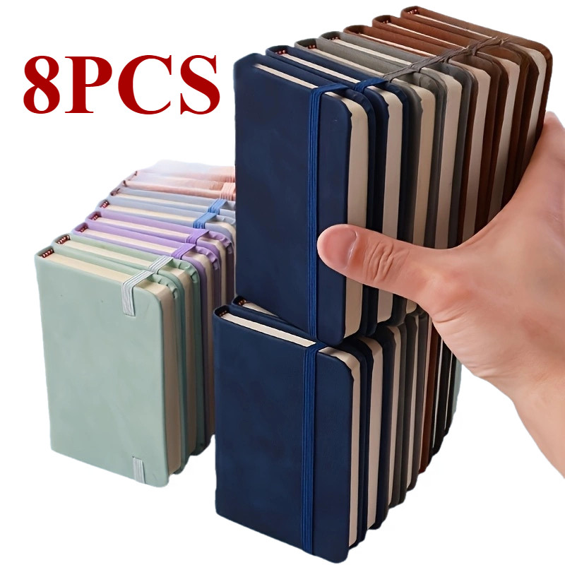 

8pcs A7 Premium Faux Leather Notebook Set - Binding with Elastic Closure 100 Lined Pages Softcover Journals Travel/Office/School