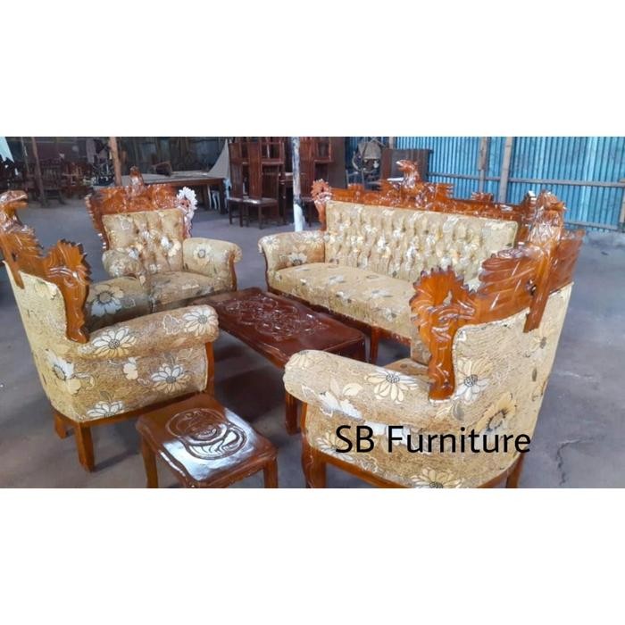 Sofa Ruang Tamu warna Coklat Motif Bunga Kursi Minimalis Jati Jepara