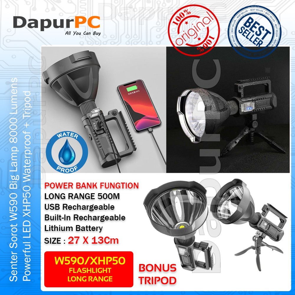 Senter Sorot W590 Big Lamp 8000 Lumens Powerful LED XHP50 Waterproof BonusTripod