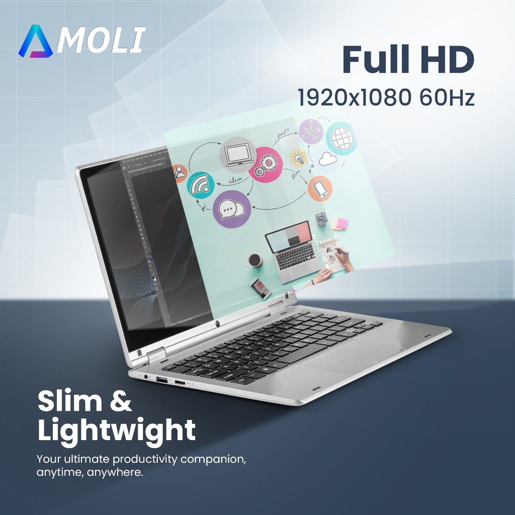 AMOLI Layar Touchscreen 11,6 ” inci 2 in 1 Laptop Intel N4020 Flip 360 ° Derajat 8GB+256GB Gratis Sm