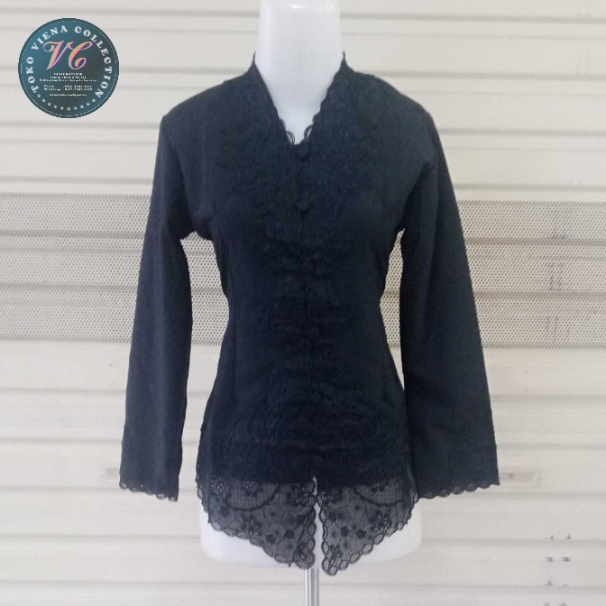 Kebaya Encim Modern Lengan Panjang Motif Polos Warna Hitam - XL