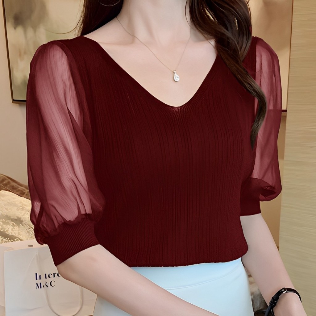 Instyle Fashion - Blouse Rajut Surplice V-neck Lengan 3/4 Kombinasi Tile Transparan #4427