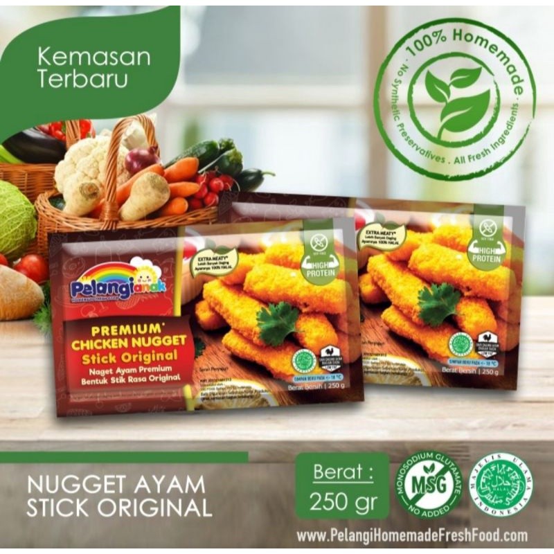 

NUGGET AYAM STICK ORIGINAL 250GR - PELANGI ANAK - HALAL - NON MSG NON PENGAWET