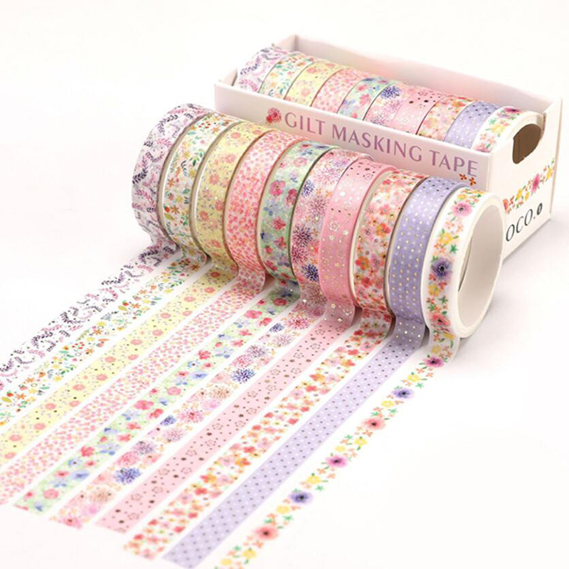 

10pcs/box Gold Foil Washi Tapes Kawaii Scrapbooking Journal Planner Stickers DIY Masking Tapes Korean Stationery Office Supplies