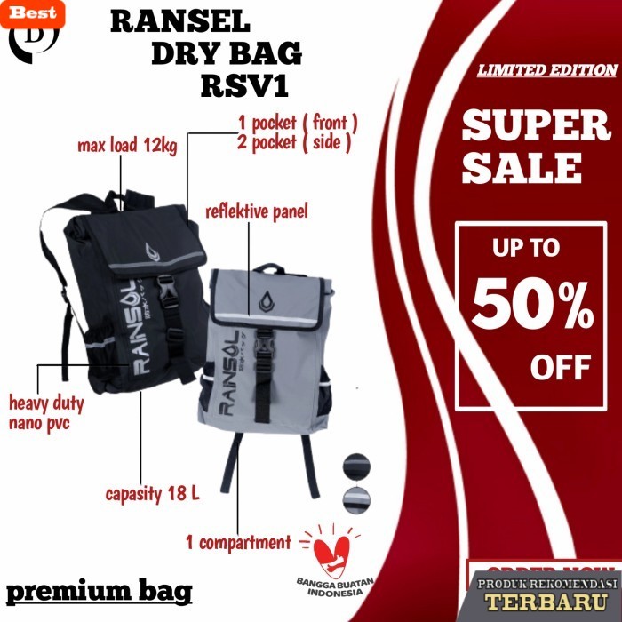 Tas keren di tahun baru tas pria ransel backpack 100% waterproof Jas hujan pria Touring - Hitam