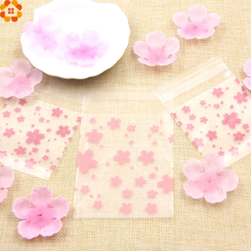 

100PCS/Lot 3Sizes Lovely Pink Cherry Blossoms Cookie&Candy Bag Self-Adhesive Plastic Bags For Biscuits Snack Baking Package